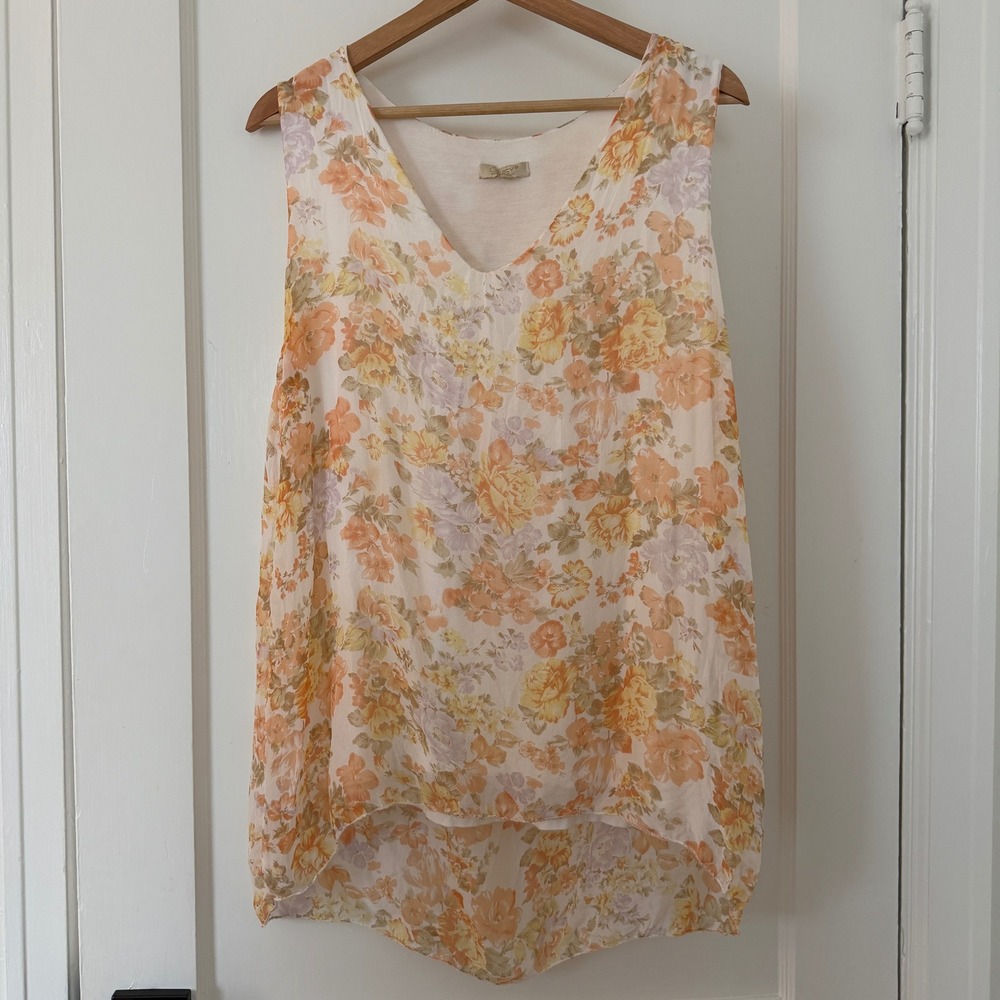 Giusy Silk Floral Lined Sleeveless V-Neck Flowy Top Orange Yellow Sz‎ L: party